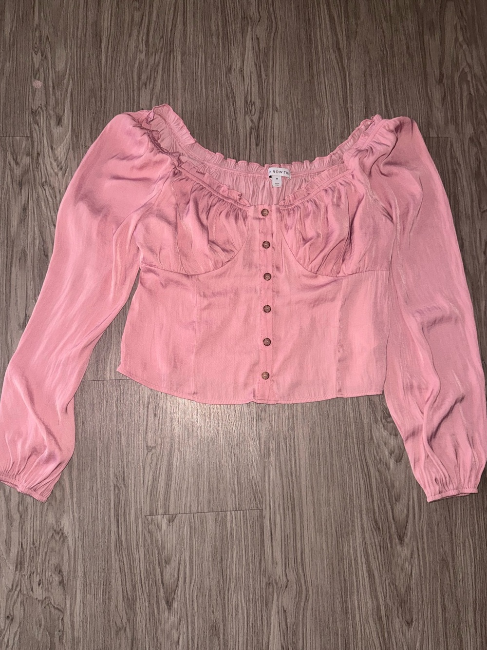 Pink Long-Sleeve Button Front Peasant Top